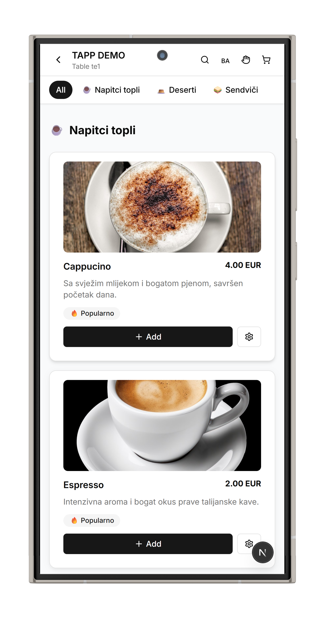 Tapp menu – Table 5